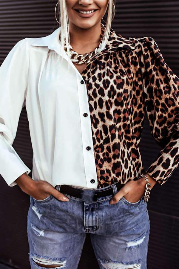 Stylish Leopard Print Contrast Buttons Blouses