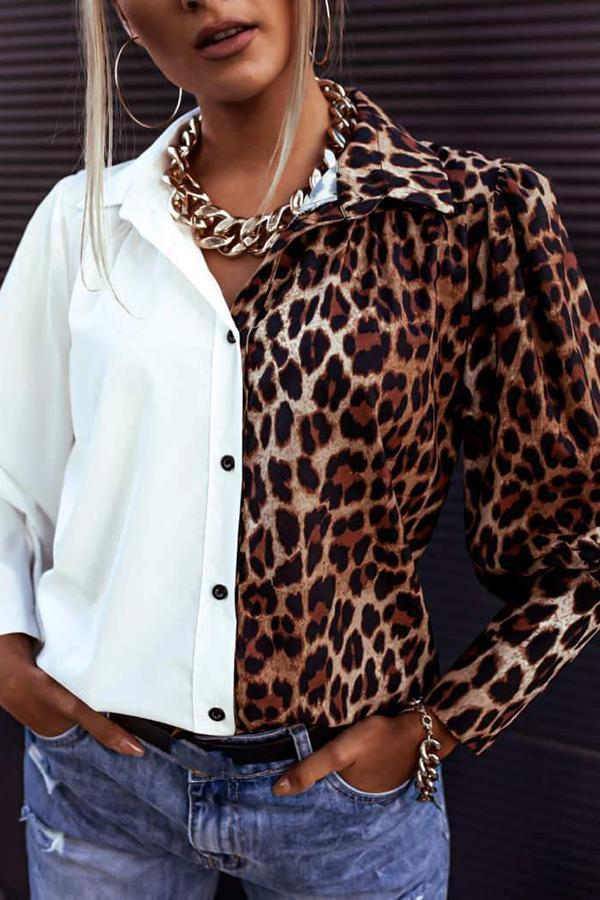 Stylish Leopard Print Contrast Buttons Blouses