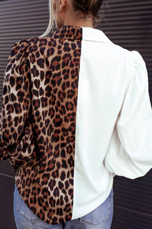 Stylish Leopard Print Contrast Buttons Blouses