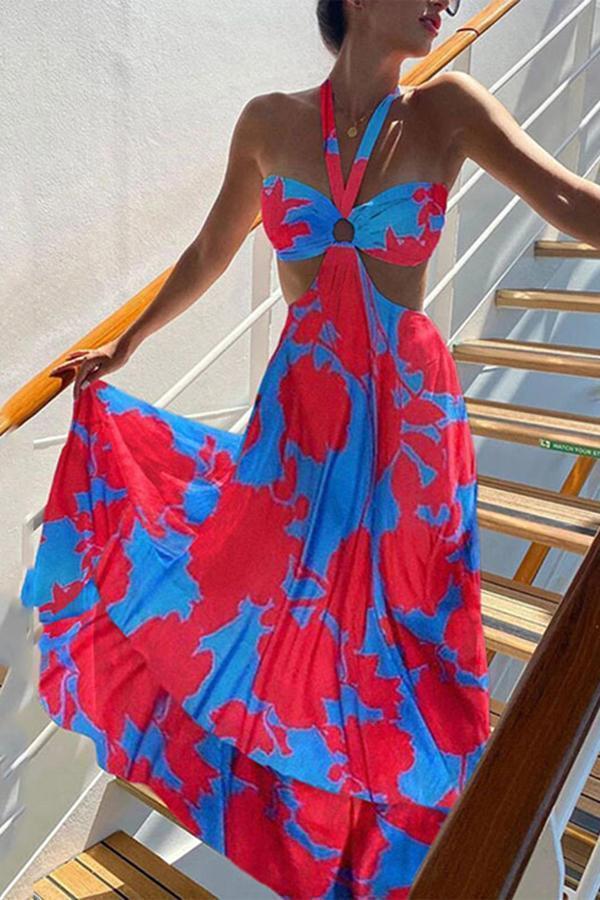 Trendy Big Flower Print Halter Strap Dress