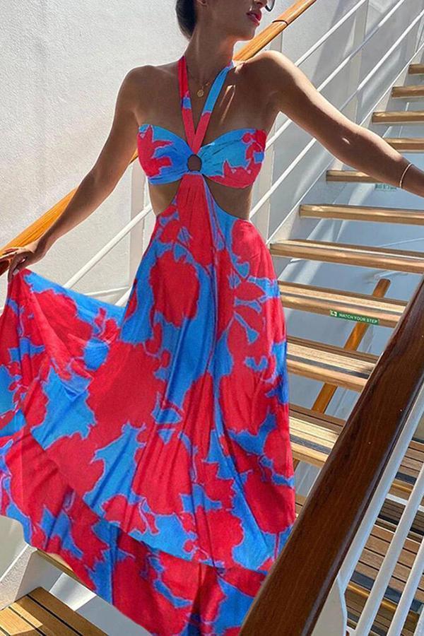 Trendy Big Flower Print Halter Strap Dress