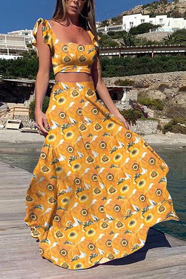 Charming Big Flower Print Show Waist Dress