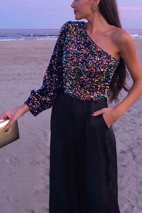 Pretty Glitter One Shoulder Sequines Print Shirts