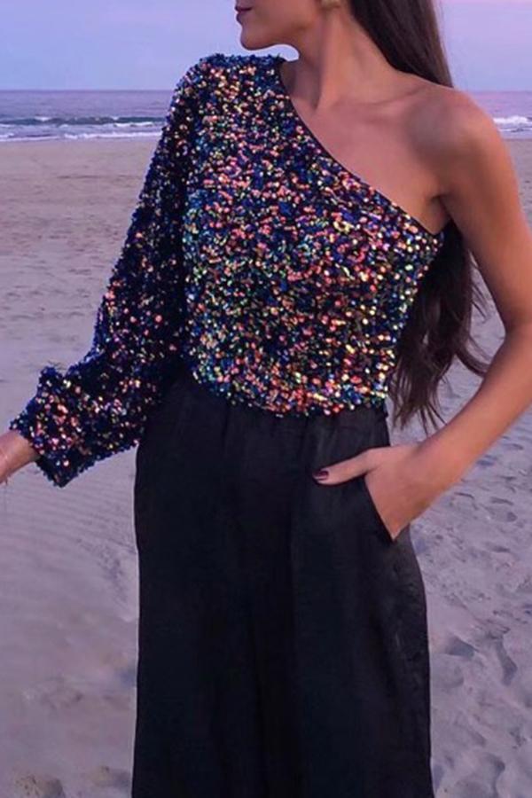 Pretty Glitter One Shoulder Sequines Print Shirts