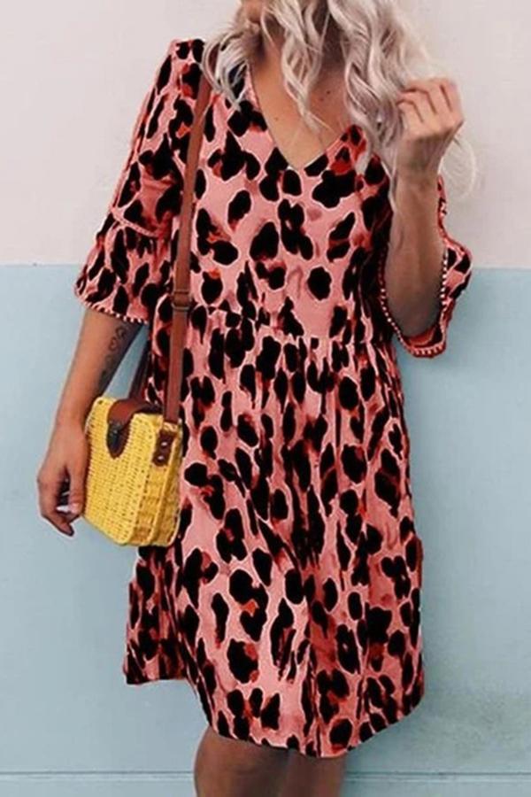 Cute Baggy Leopard Print V Neck Dress