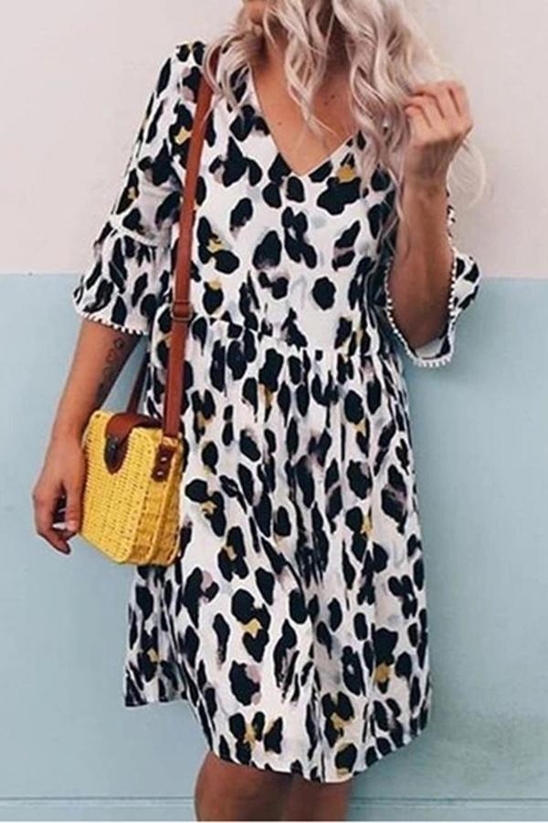 Cute Baggy Leopard Print V Neck Dress