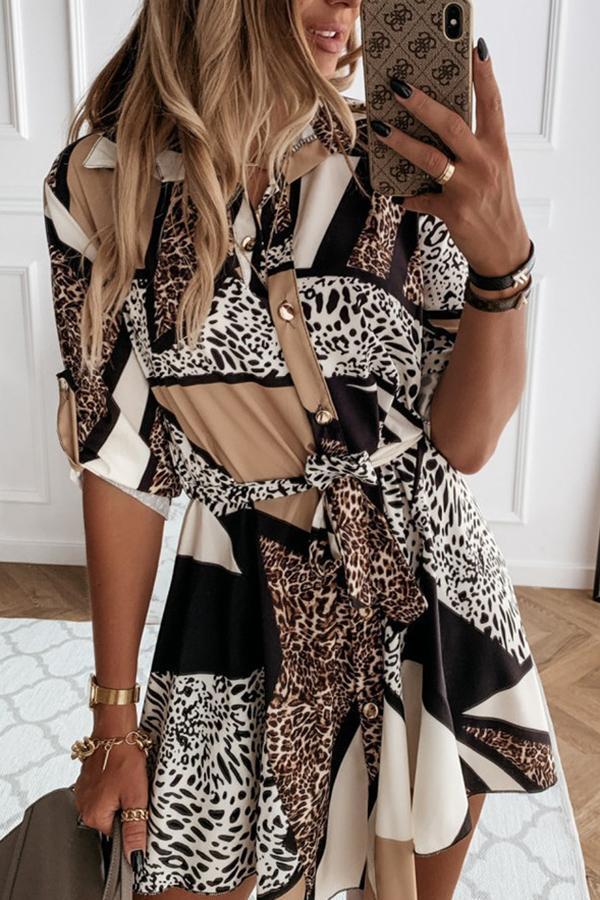 Casual Sweet Stylish Animals Print Shirt Midi Dress