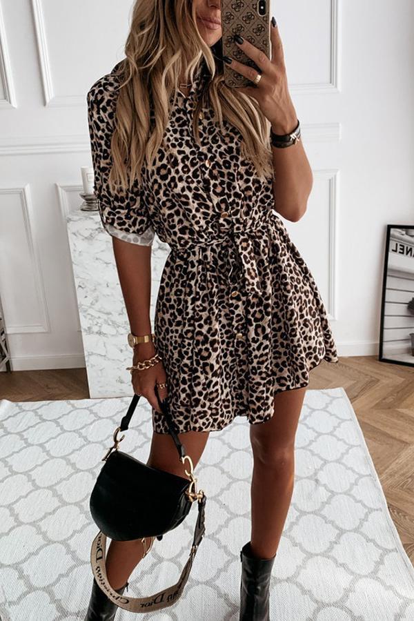 Casual Sweet Stylish Animals Print Shirt Midi Dress