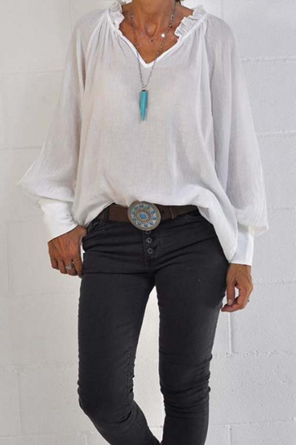 Classic Casual V Neck Flounce Sleeve Blouses