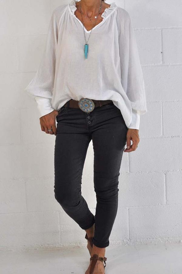 Classic Casual V Neck Flounce Sleeve Blouses