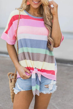 Sweet Rainbow Striped Print Knotted Shirts