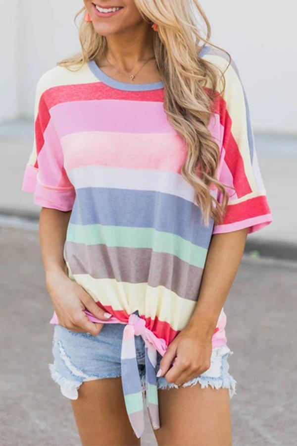 Sweet Rainbow Striped Print Knotted Shirts