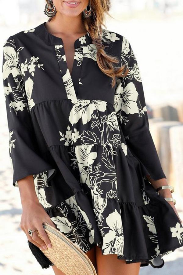 Urban Stylish Floral Print V Neck Dress