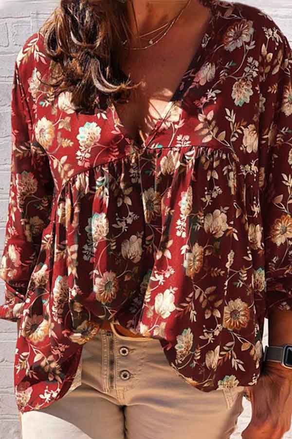 Retro Baggy V Neck Floral Print Top