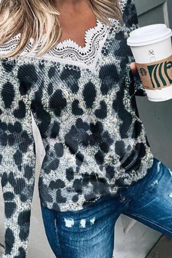 Temperament Leopard Print Lace Shirts