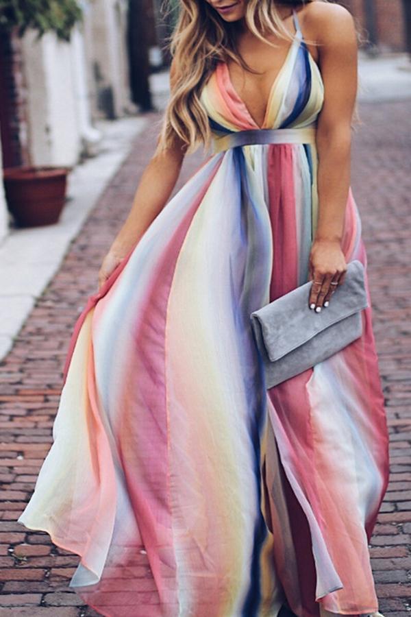 Elegant Rainbow Gradient V Neck Dress