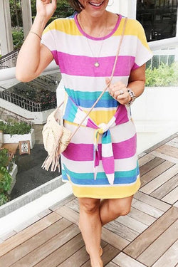 Fashion Colorful Striped Short Sleeve Midi Dress