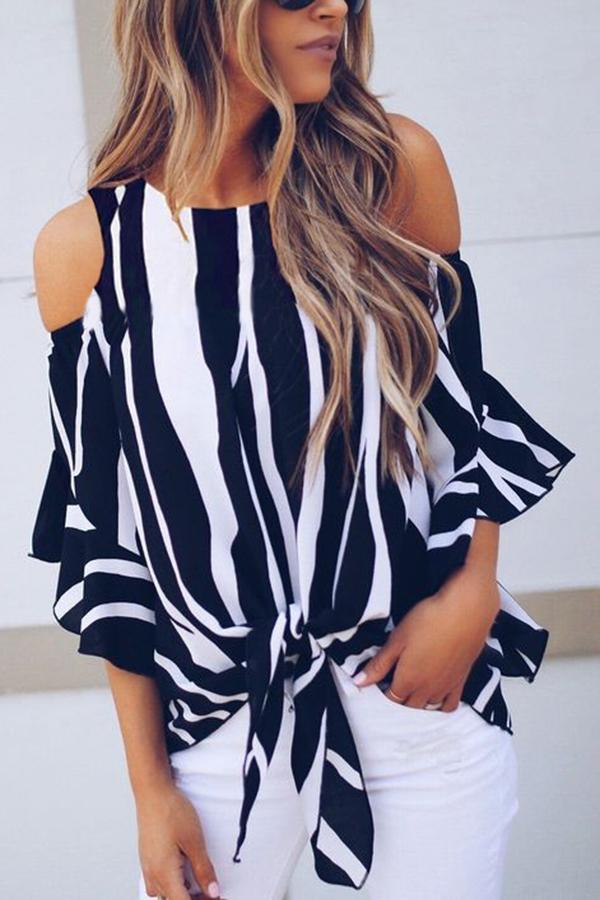 Irregular Strapless Striped Contrast Blouses