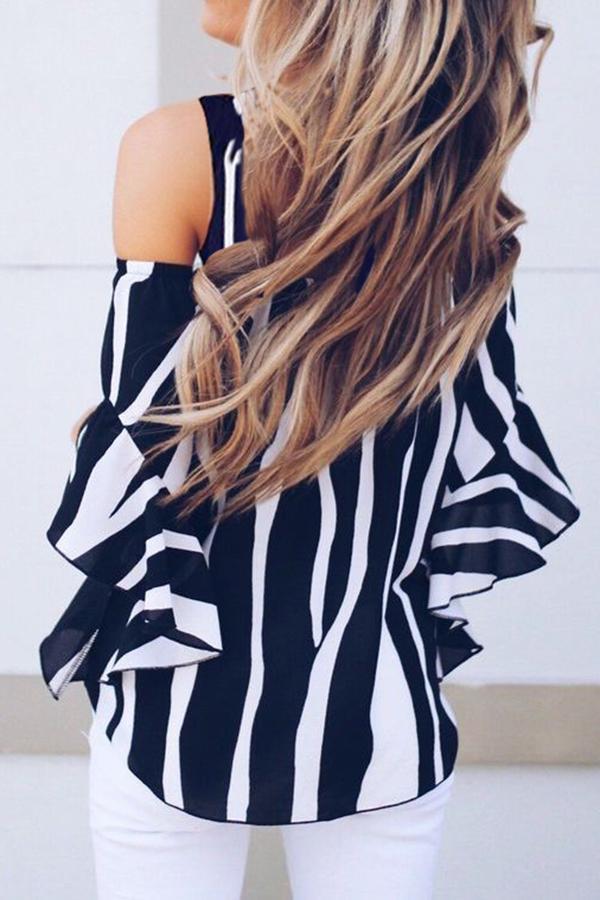 Irregular Strapless Striped Contrast Blouses