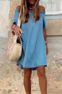 Retro Offshoulder Flounce Denim Dress