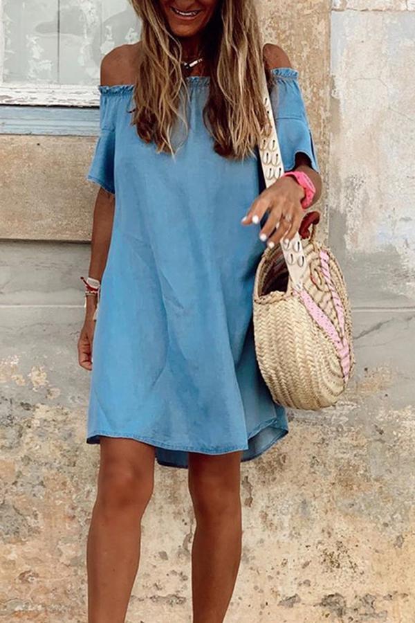 Retro Offshoulder Flounce Denim Dress