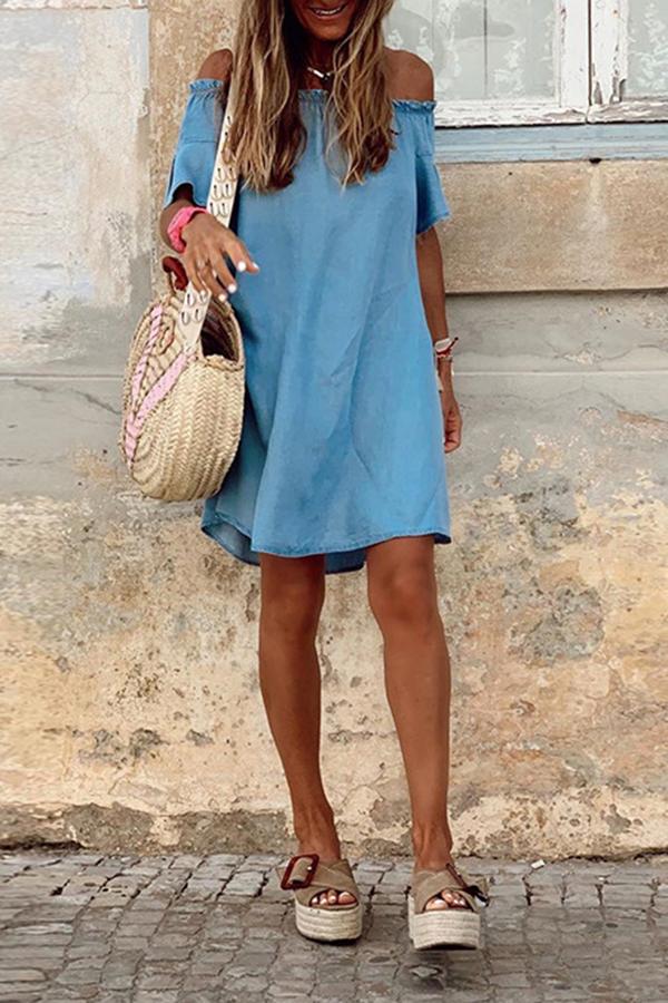 Retro Offshoulder Flounce Denim Dress