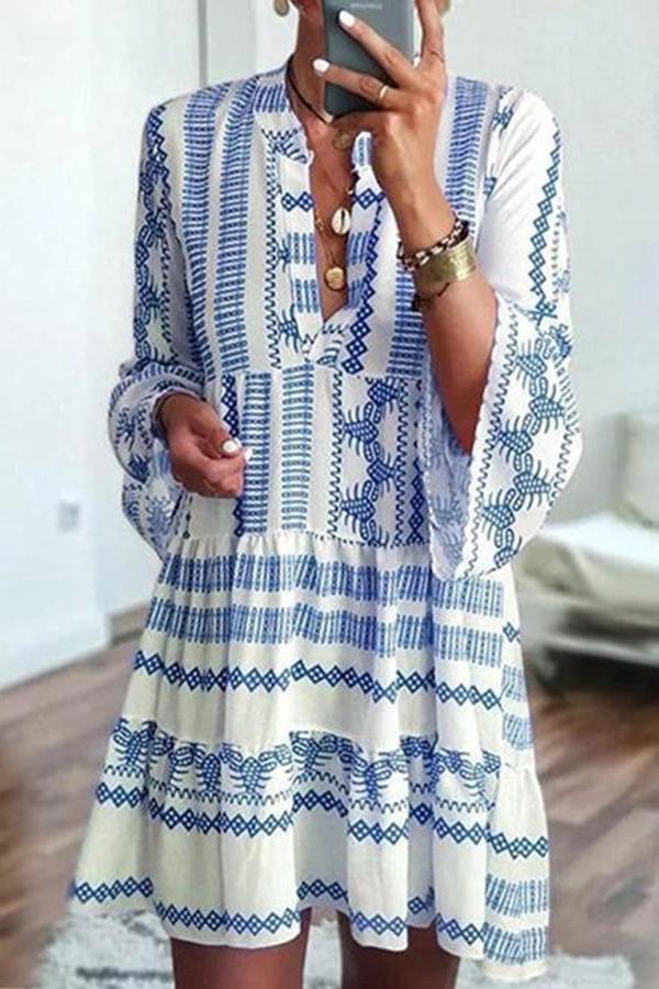 Stylish Geometric Print  V Neck Midi Dress