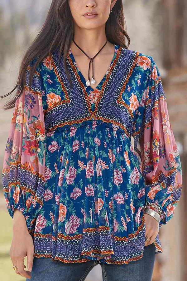 Retro Lantern Sleeves Floral Embroidery Shirts