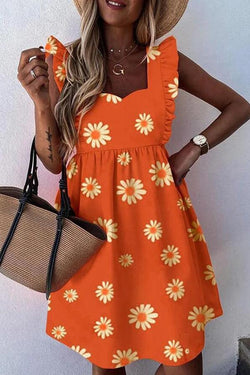 Smart Daisy Print Flounce Sleeves Dress