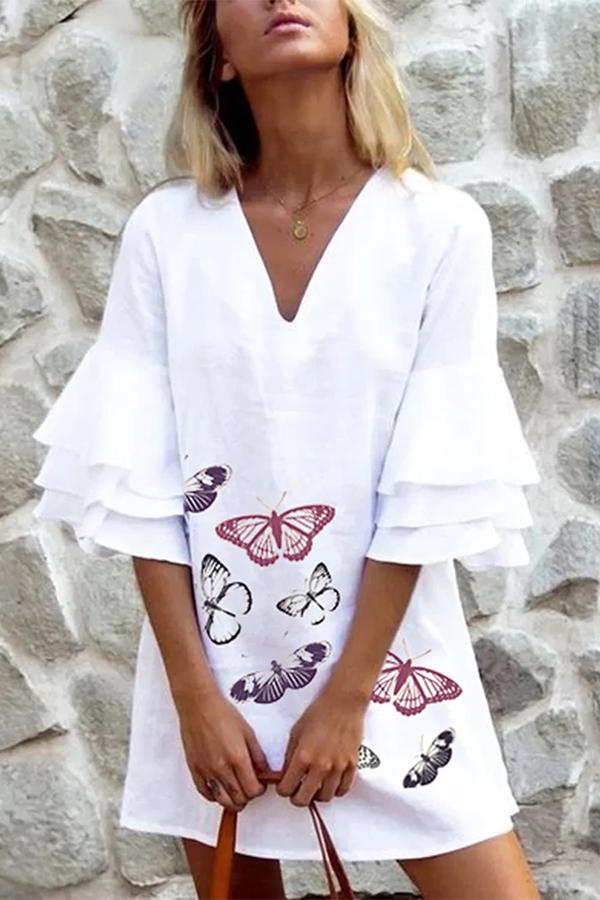 Baggy Butterfly Print Flounce Sleeves Dress