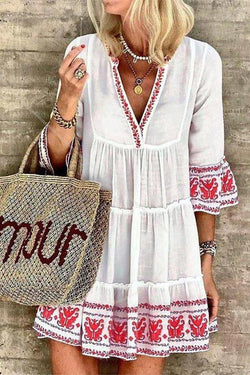 Elegant Floral Print Lace V Neck Dress