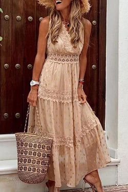 Stylish PolkaDots Print Lace V-Neck Maxi Dress