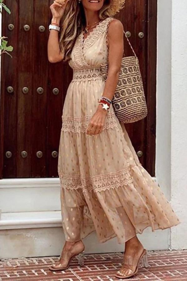 Stylish PolkaDots Print Lace V-Neck Maxi Dress