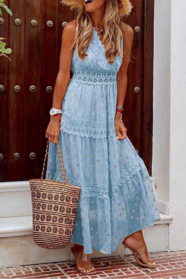 Stylish PolkaDots Print Lace V-Neck Maxi Dress