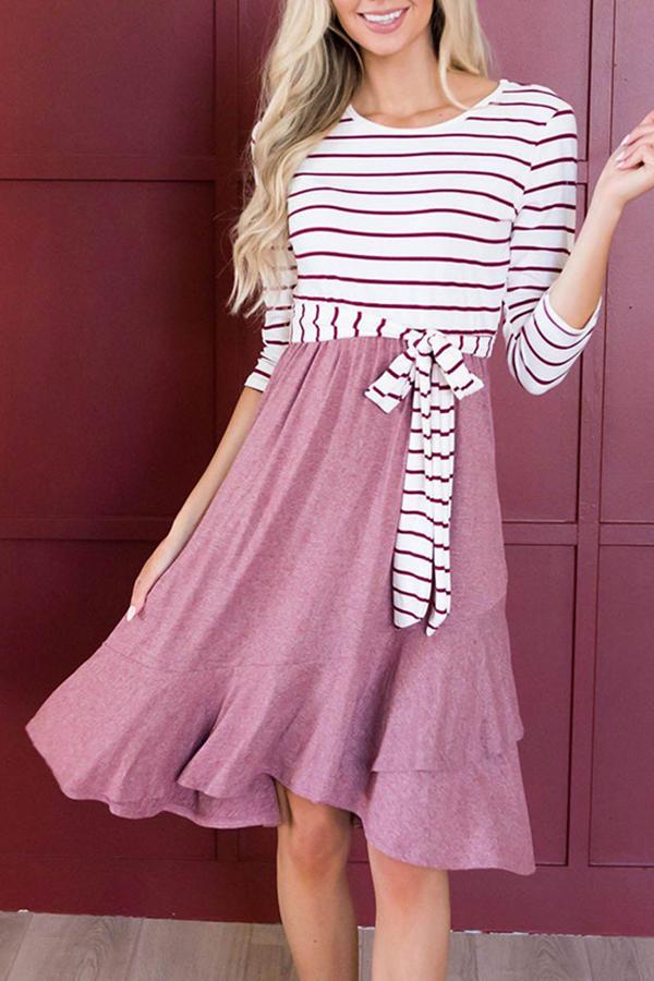 Unique Stylish Striped Stitching Solid Color Dress