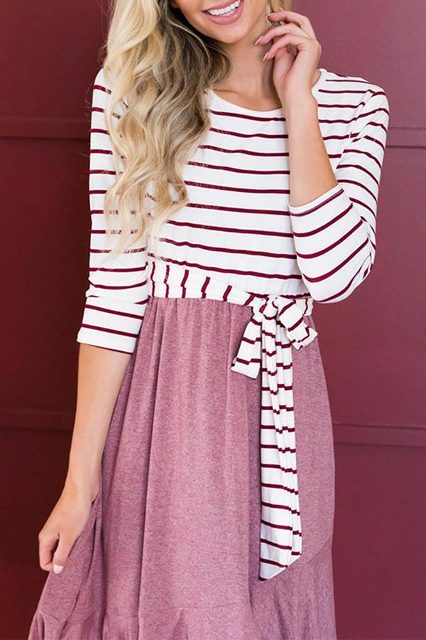 Unique Stylish Striped Stitching Solid Color Dress