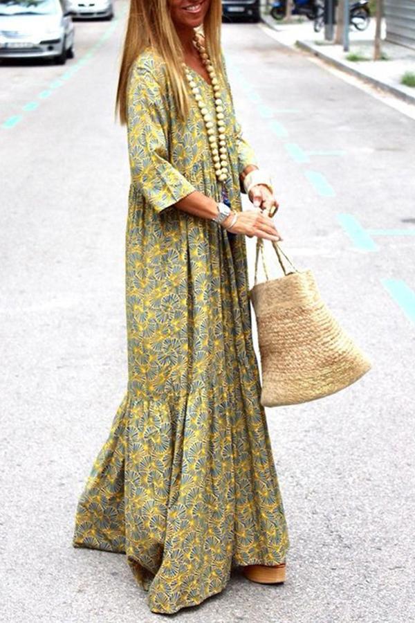 Casual Floral Print V Neck Swing Dress