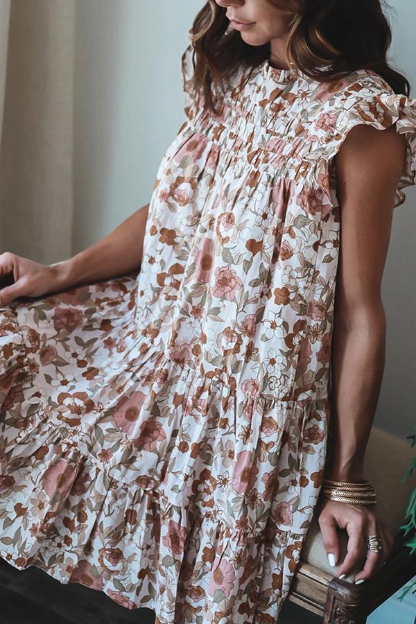 Pretty Smart Floral Print Flounce Sleeves Beach Dress