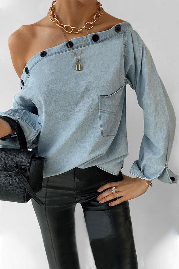 Personality Button-neck Off-shoulder Long-sleeved Denim Shirt