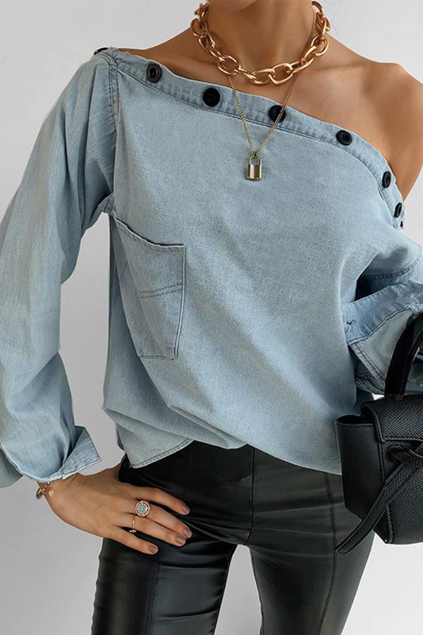 Personality Button-neck Off-shoulder Long-sleeved Denim Shirt