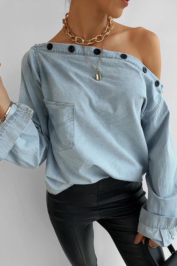 Personality Button-neck Off-shoulder Long-sleeved Denim Shirt