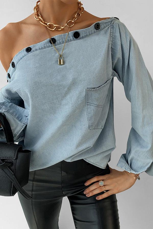 Personality Button-neck Off-shoulder Long-sleeved Denim Shirt