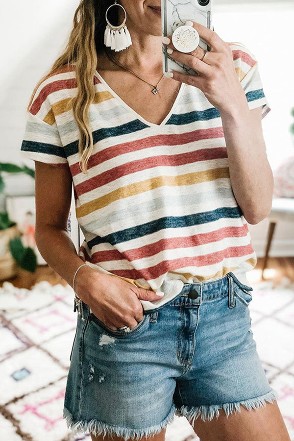 Girly Rainbow Striped Print V Neck Shirt