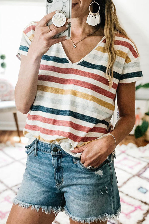 Girly Rainbow Striped Print V Neck Shirt