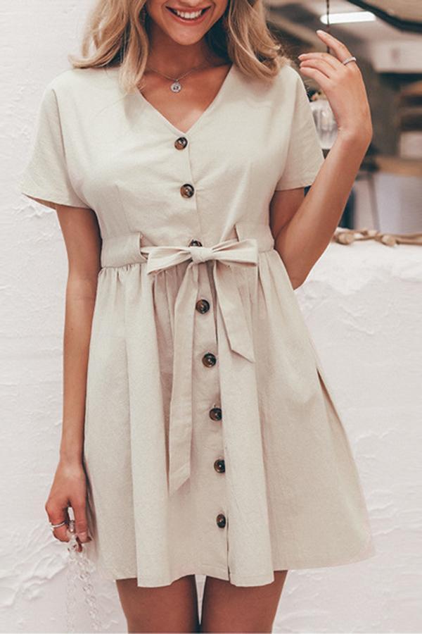 Elegant Solid Color Bow Belt Lace-up Dress