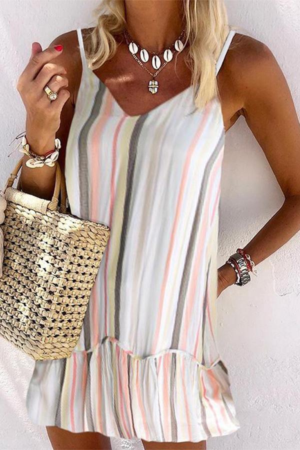 Pretty Striped Print V Neck Sling Dress