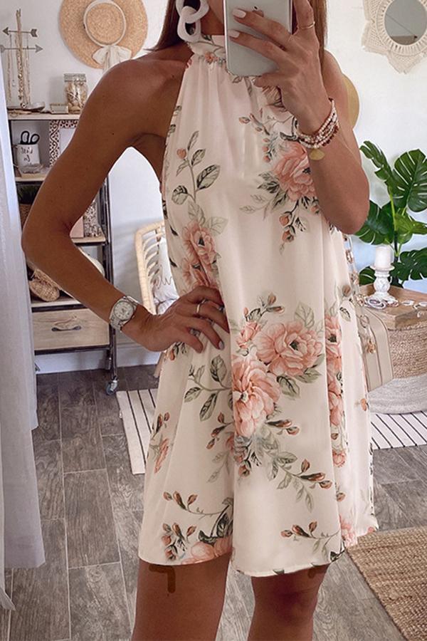 Pretty Floral Print Lace-up Halter Dress