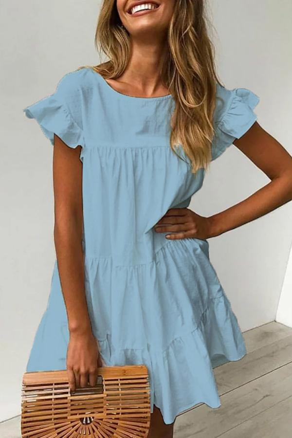 Simplicity Cute Solid Color Ruffle Sleeves Dress