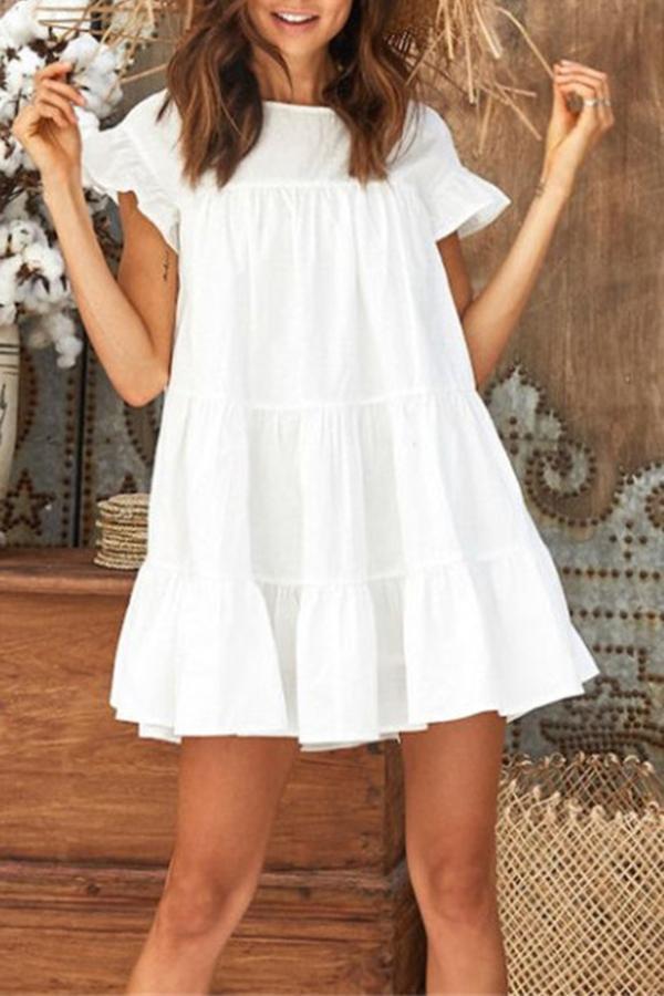 Simplicity Cute Solid Color Ruffle Sleeves Dress