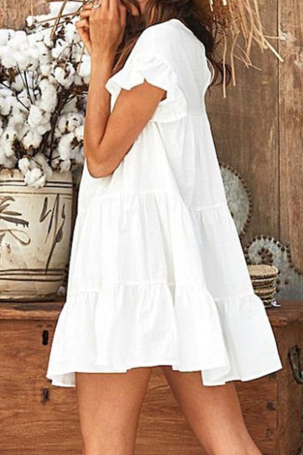 Simplicity Cute Solid Color Ruffle Sleeves Dress